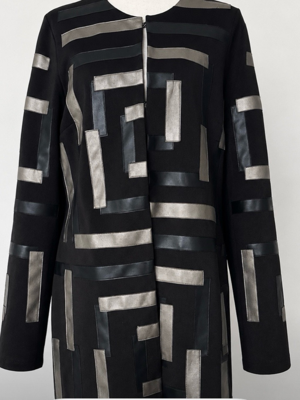 Joseph Ribkoff Black Metallic Faux Leather Geometric Jacket Blazer LG Classic